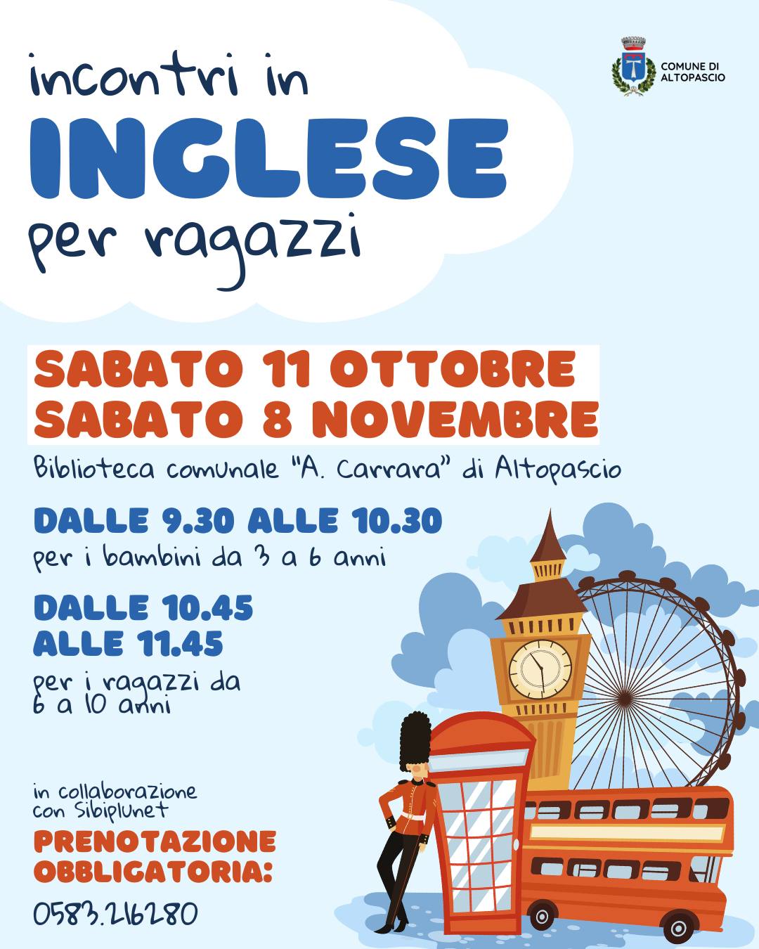 Let’s speak English! 📚✨Sabato 11 ottobre e sabato 8 novembre📍 Biblioteca comunale A. Carrara